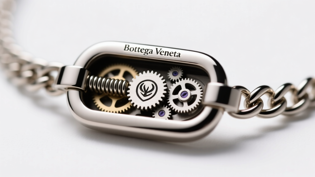 Extreme close-up of a Bottega necklace lobster clasp, revealing the precise spring tension mechanism and deep laser-engraved logo