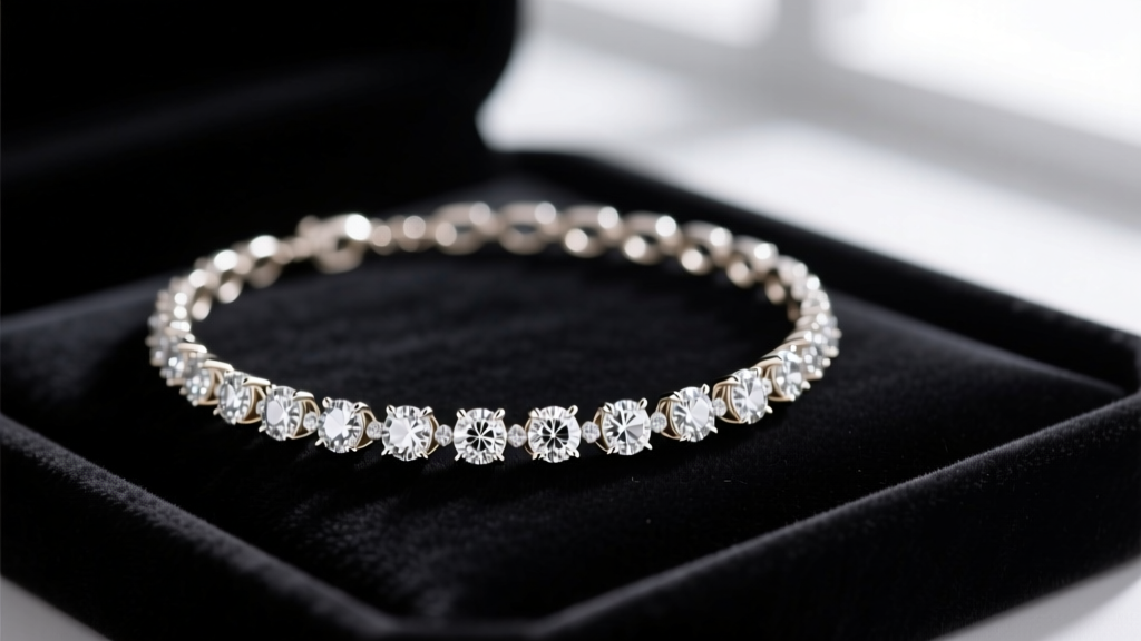 Close-up of a 14k white gold chain necklace with diamonds, featuring bezel-set station links on a dark velvet display tray