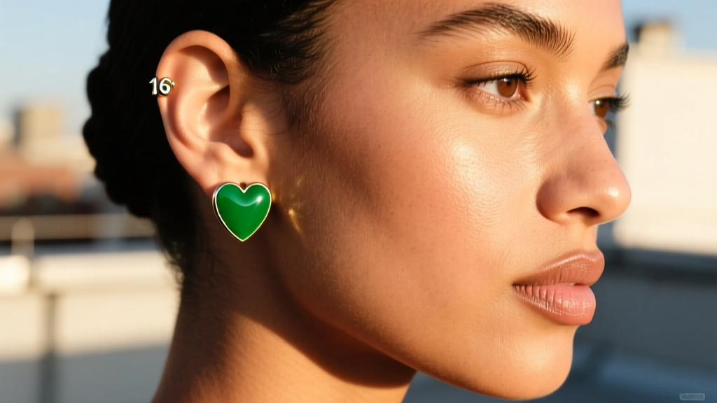 Model wearing a 16-gauge green enamel heart huggie earring on the upper helix cartilage against warm skin in natural sunlight