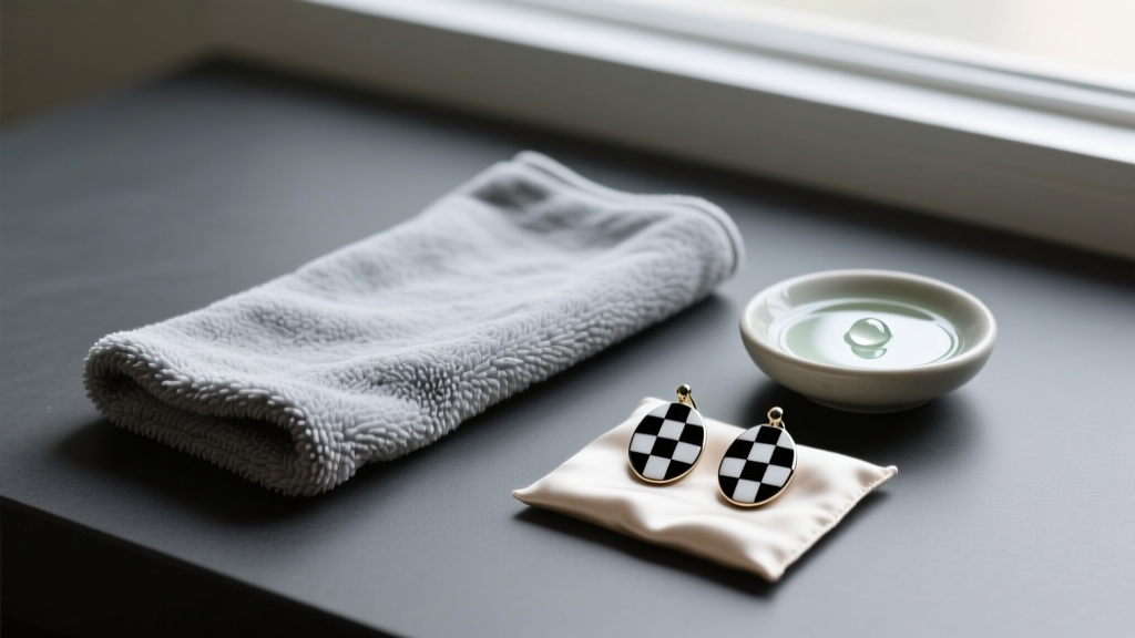 Top-down view on a dark mat showing a microfiber cloth, mild soap, and checkered enamel drop earrings being carefully cleaned.
