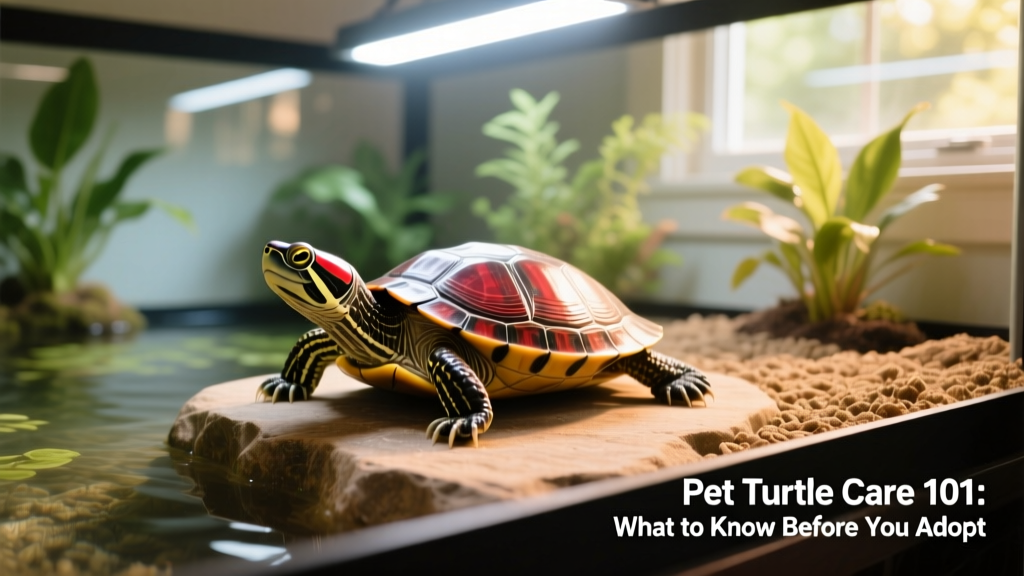 A healthy red-eared slider basking under UVB light in a well-maintained indoor habitat with clean water and a dry platform