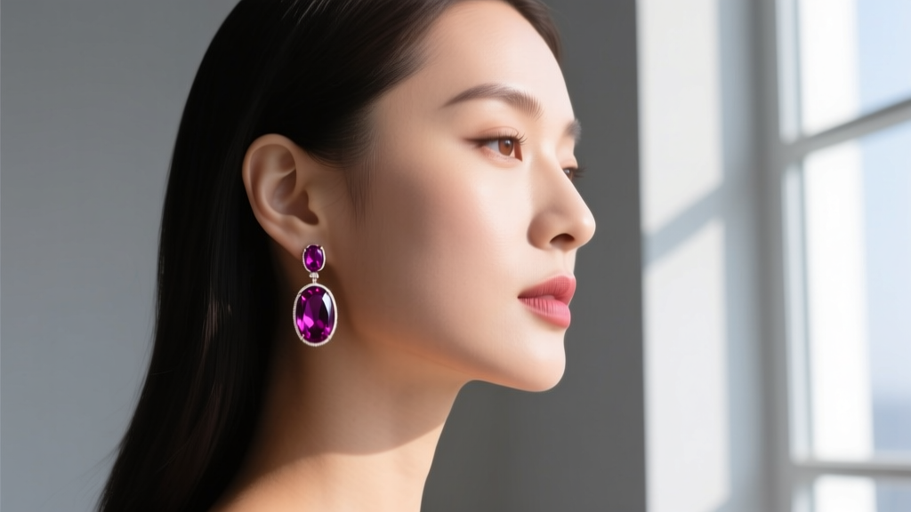 Side profile of a woman wearing oval rhodolite garnet dangle earrings, showing purplish-red gems against warm skin tones