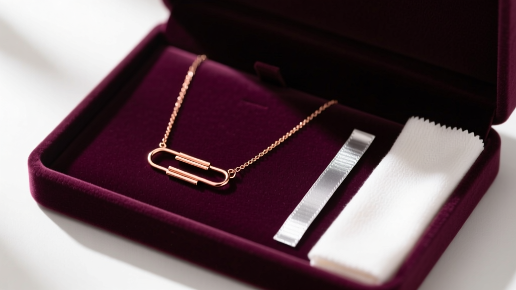 Rose gold paper clip necklace laid flat in a velvet jewelry box next to an anti-tarnish strip and a microfiber polishing cloth.