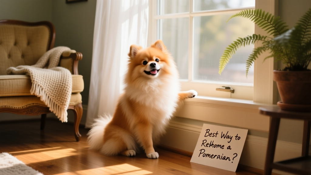 A cheerful Pomeranian sitting beside a cozy living room window with sunlight streaming in