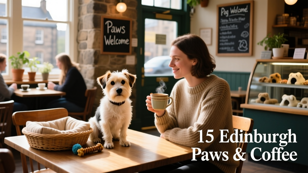 Small dog sitting calmly beside its owner at a sunlit table in an Edinburgh dog-friendly café