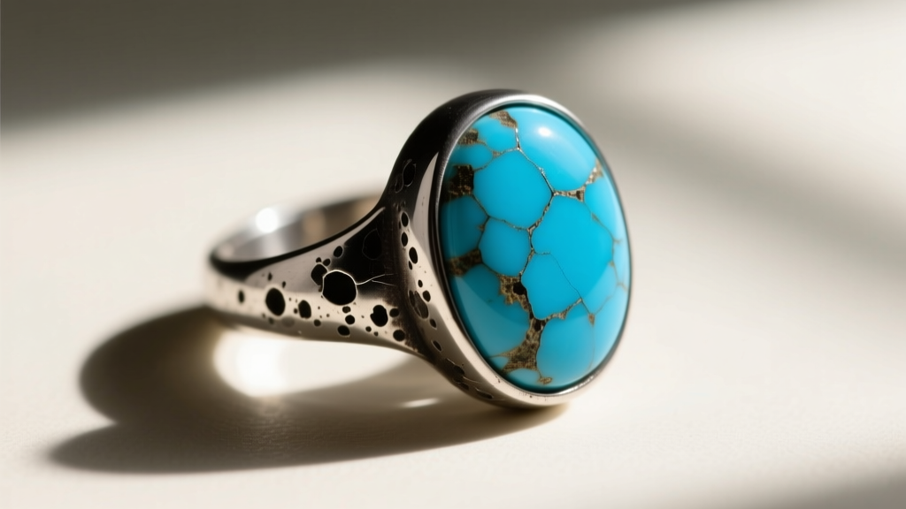 Macro shot of a porous blue turquoise cabochon ring in oxidized silver, showing surface pitting and damage from acid exposure.