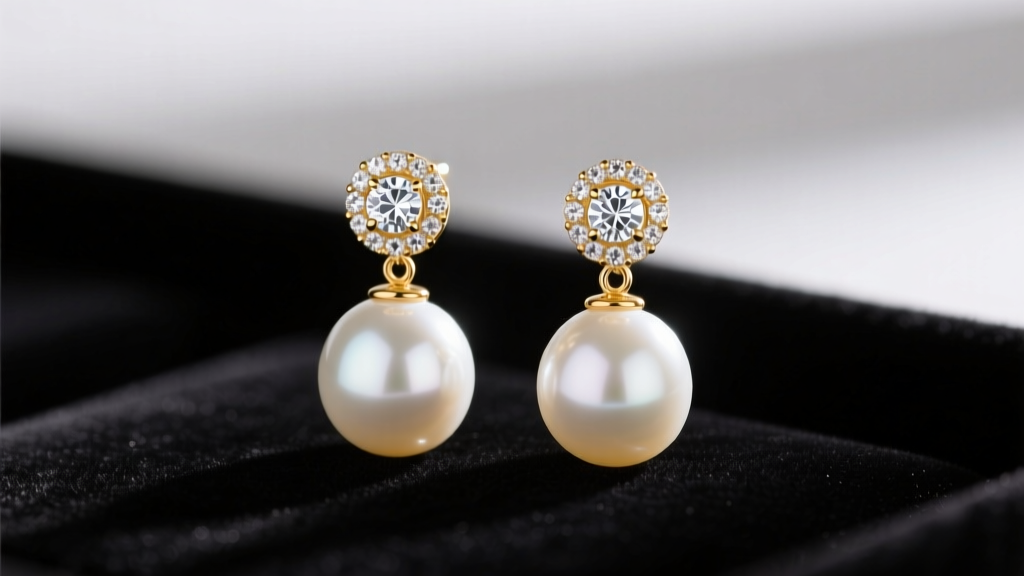 18k gold drop earrings with large white South Sea pearls and diamond caps resting on dark velvet in soft, elegant lighting.