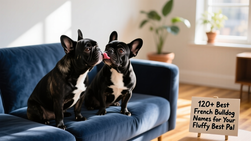 Two black French Bulldogs sitting side by side on a blue sofa, one gently licking the other’s face