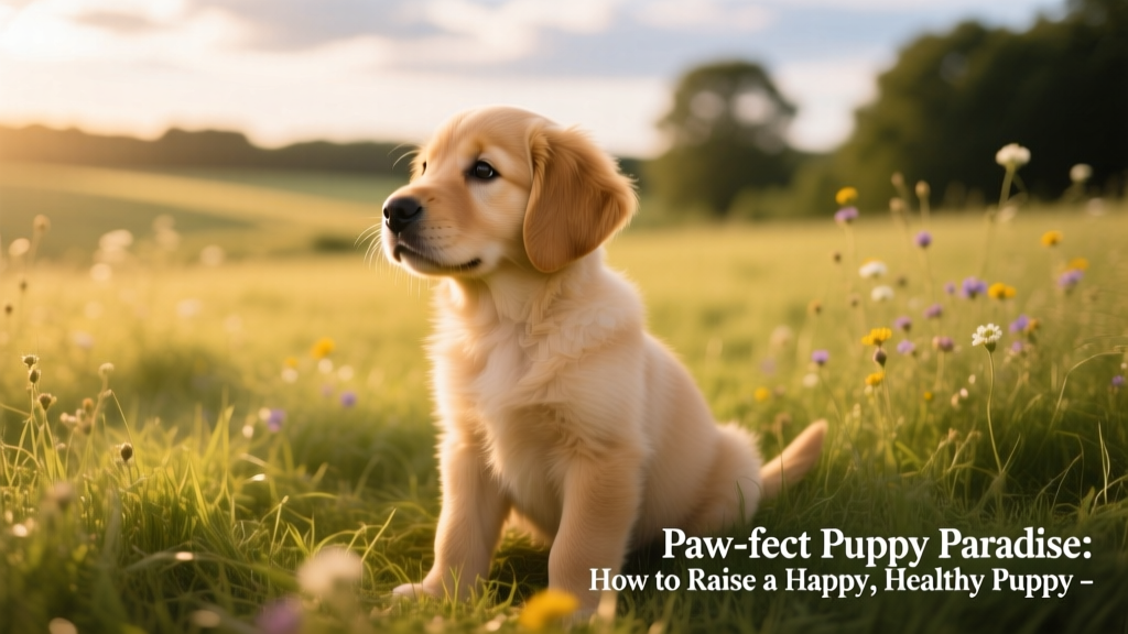 a golden retriever puppy sitting in a grassy field, looking thoughtfully off to the left