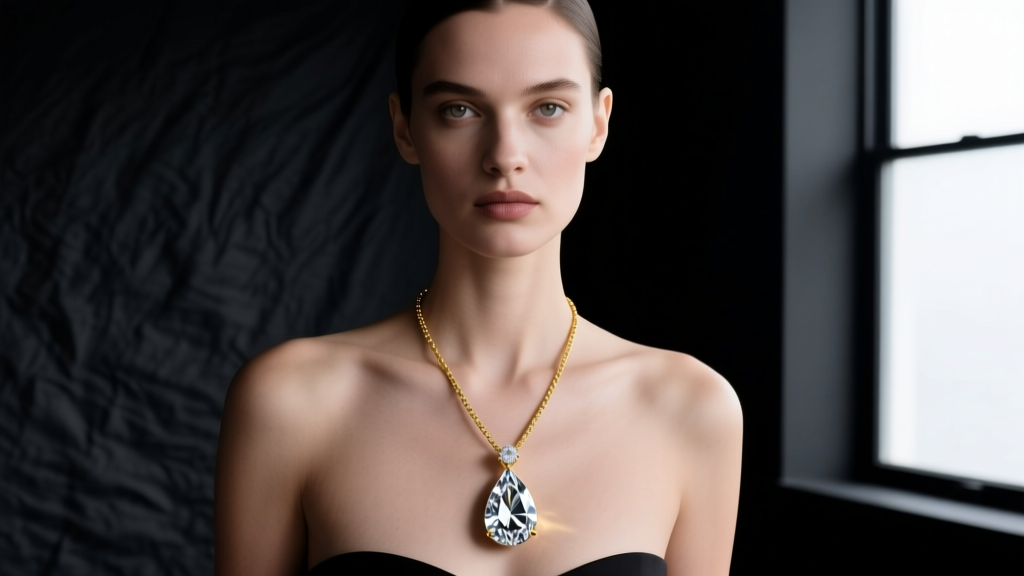 Model wearing a long 18k gold dangling necklace with a kinetic pear-cut diamond pendant against a moody dark studio backdrop