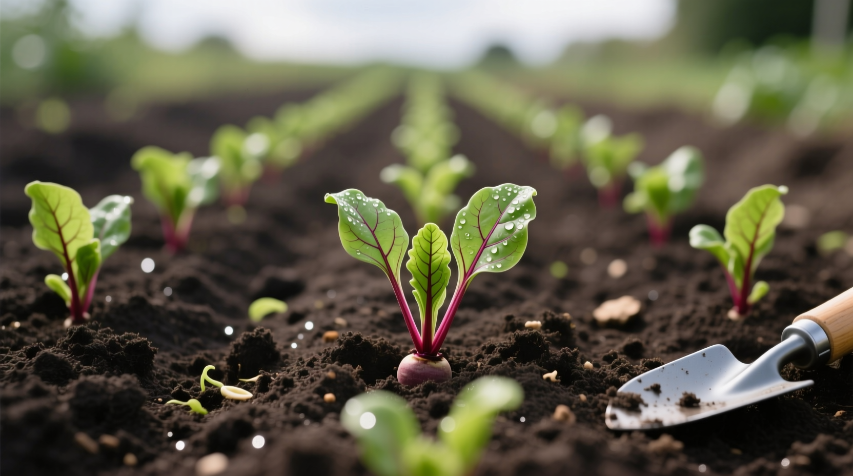 Beet seedlings growing in garden soil with proper spacing
