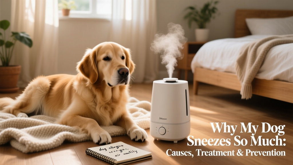 Dog resting comfortably near a small humidifier in a quiet room