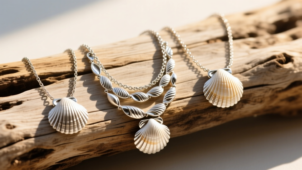 Flat lay of three layered silver shell necklaces of varying lengths on weathered driftwood in bright natural sunlight.