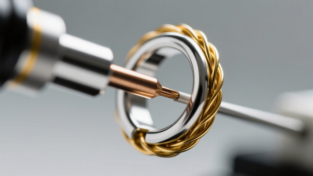 Macro photography of a tungsten electrode aligned with a mixed-metal sterling silver and 14k gold jump ring under a microscope