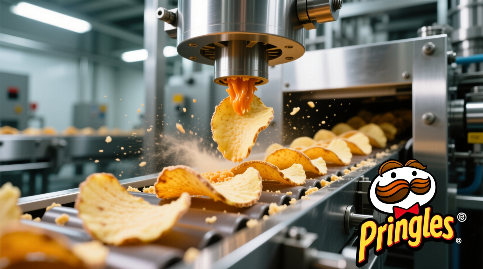 Pringles manufacturing process showing potato flakes being formed