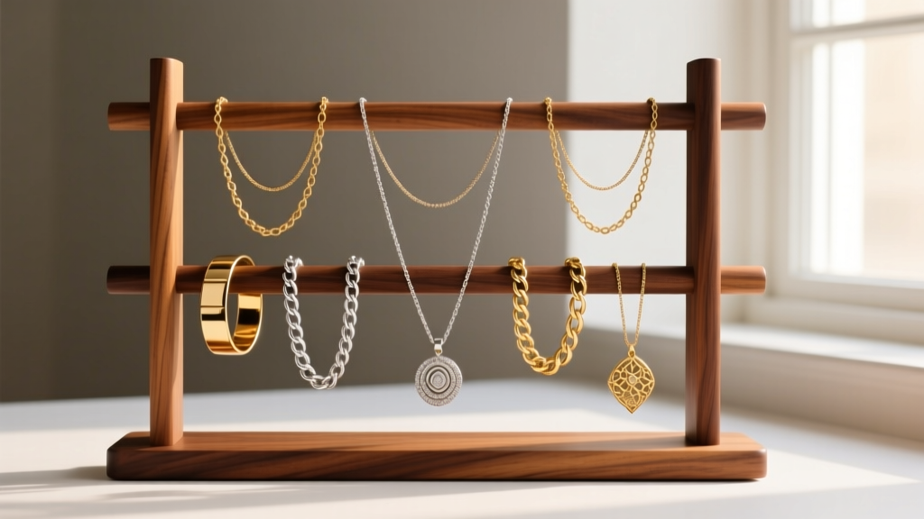 Organized walnut wood necklace rack displaying untangled gold and silver chains, illuminated by soft natural morning window light