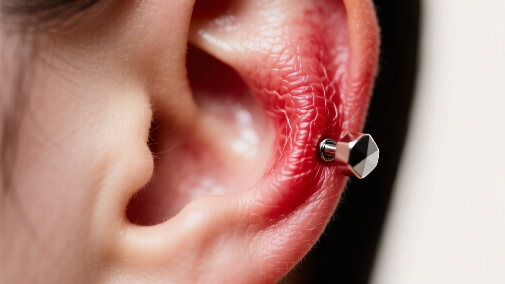 Macro photo of a swollen red earlobe wearing a titanium stud, showing early piercing irritation under bright clinical lighting.