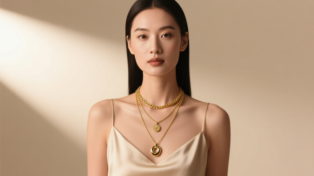 Woman wearing three layered gold necklaces of varying lengths against a neutral beige studio background, soft cinematic lighting