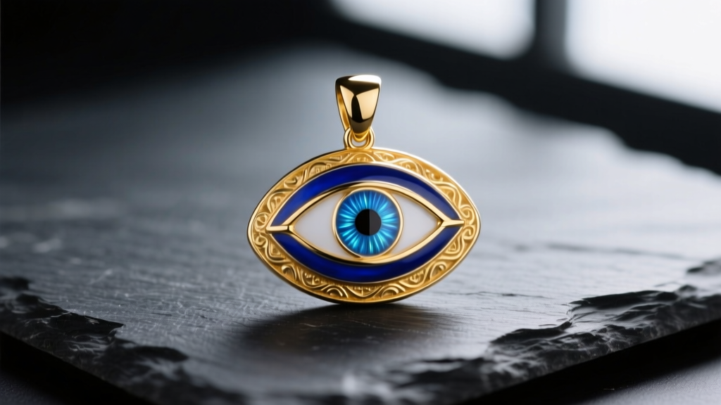 Macro shot of a solid 14k gold evil eye pendant on dark slate, showing vibrant blue enamel details under soft studio lighting.