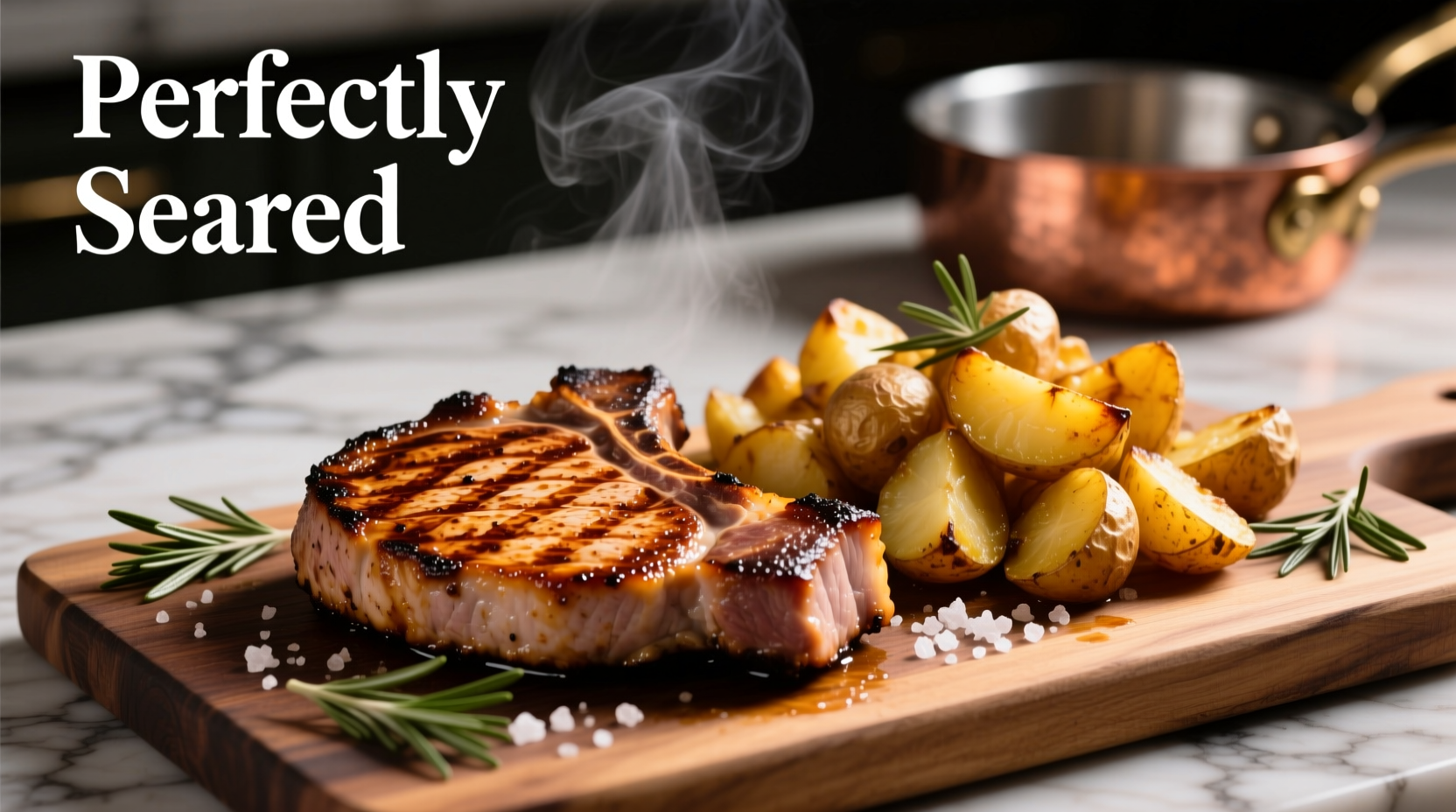 Perfectly seared pork chops with golden roasted potatoes