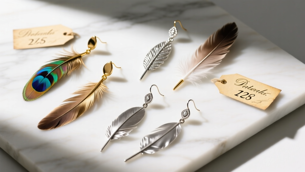 Flat lay of long feather earrings in brass, sterling silver, and ostrich on white marble, styled with small vintage price tags
