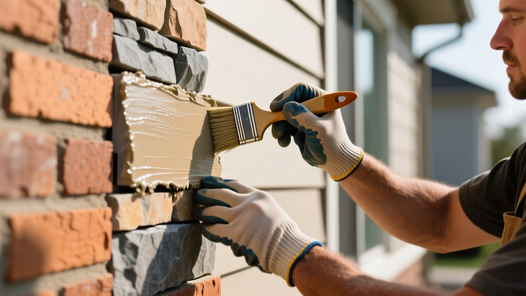 Close-up of a mason applying breathable siloxane sealer to a mixed exterior wall of manufactured stone veneer and clay brick siding
