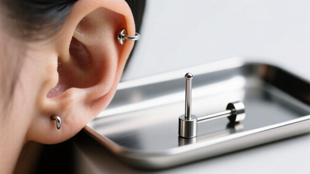 Macro shot of a slightly stretched earlobe hole resting beside an 18-gauge titanium labret stud on a clean, sterile metal tray.