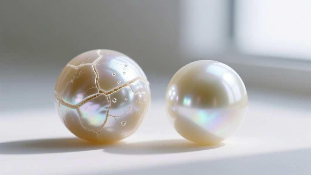 Macro shot of a resin faux pearl with mold seams next to a glass pearl featuring a flawless, blemish-free pearlescent coating