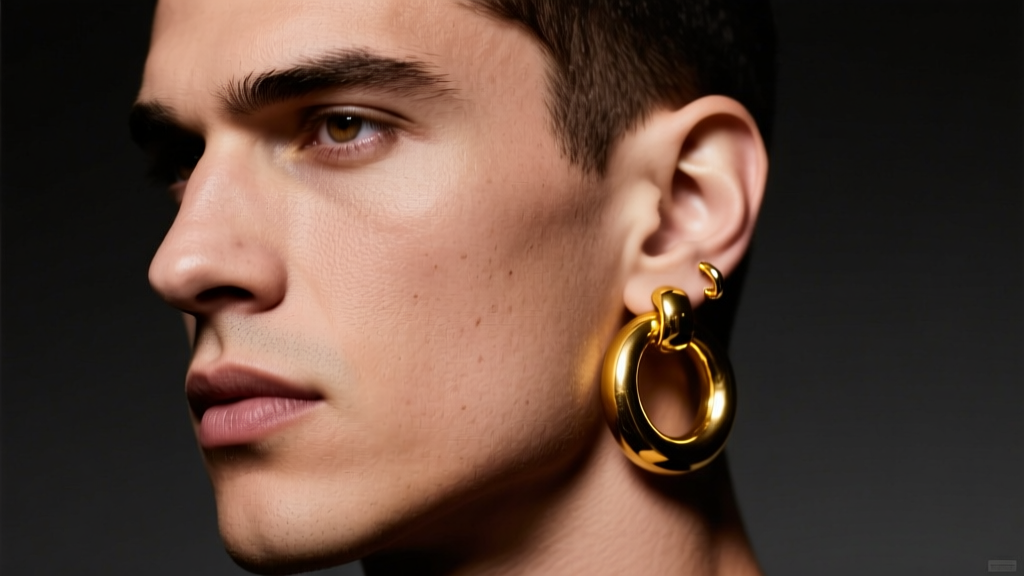 Close-up of a male model wearing a thick 14-gauge 18k yellow gold 20mm hoop earring against a moody, dimly lit studio backdrop.