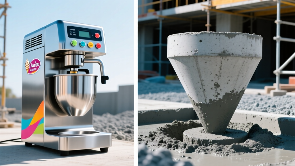 Split view of a frozen custard dessert mixer beside a professional concrete slump test cone on an active construction site
