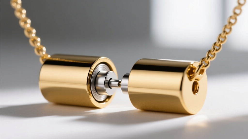 Close-up of a gold barrel necklace magnetic clasp separating, showing the internal silver neodymium magnet inside the housing.