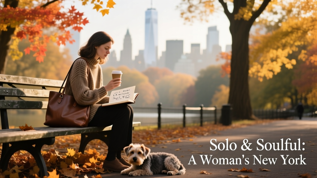 A solo traveler enjoying a quiet moment on a bench in Central Park, with autumn foliage and distant skyline visible