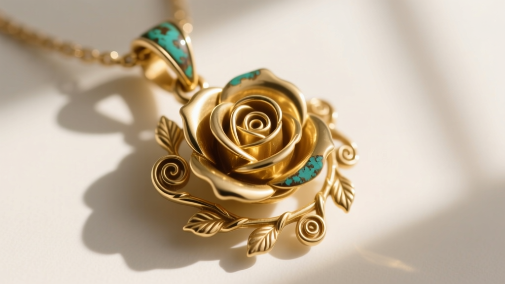 Macro shot of a vintage C-clasp on an 18k gold rose pendant, revealing natural patina and delicate hand-engraved floral stems.
