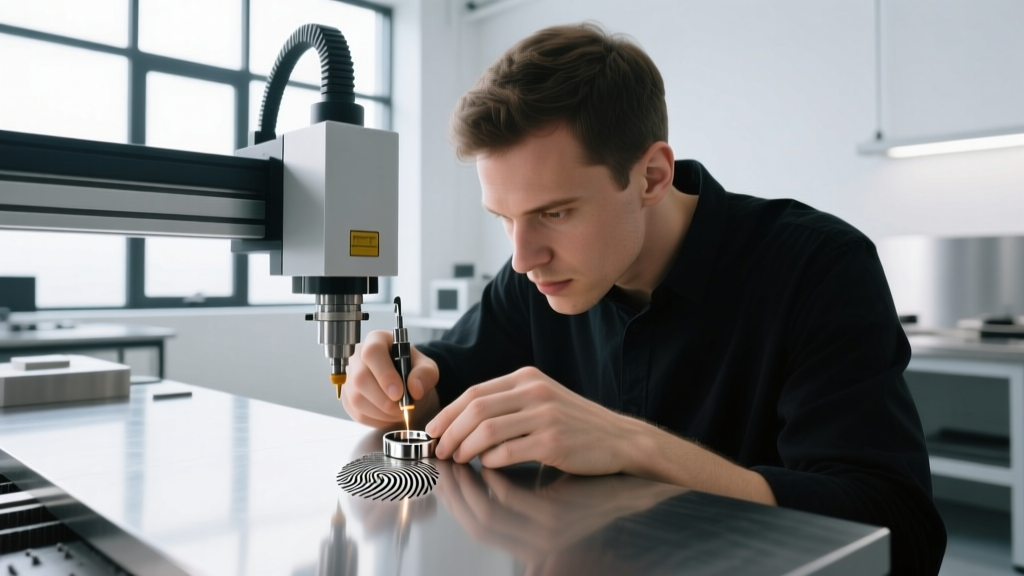 Jeweler using a fiber laser machine to engrave a hidden fingerprint inside a titanium wedding band in a modern, well-lit workshop