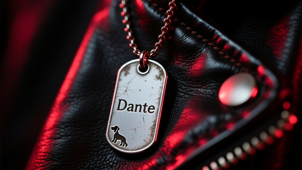 Close-up of a weathered stainless steel Dante dog tag necklace on a dark leather jacket, illuminated by moody red neon lighting.