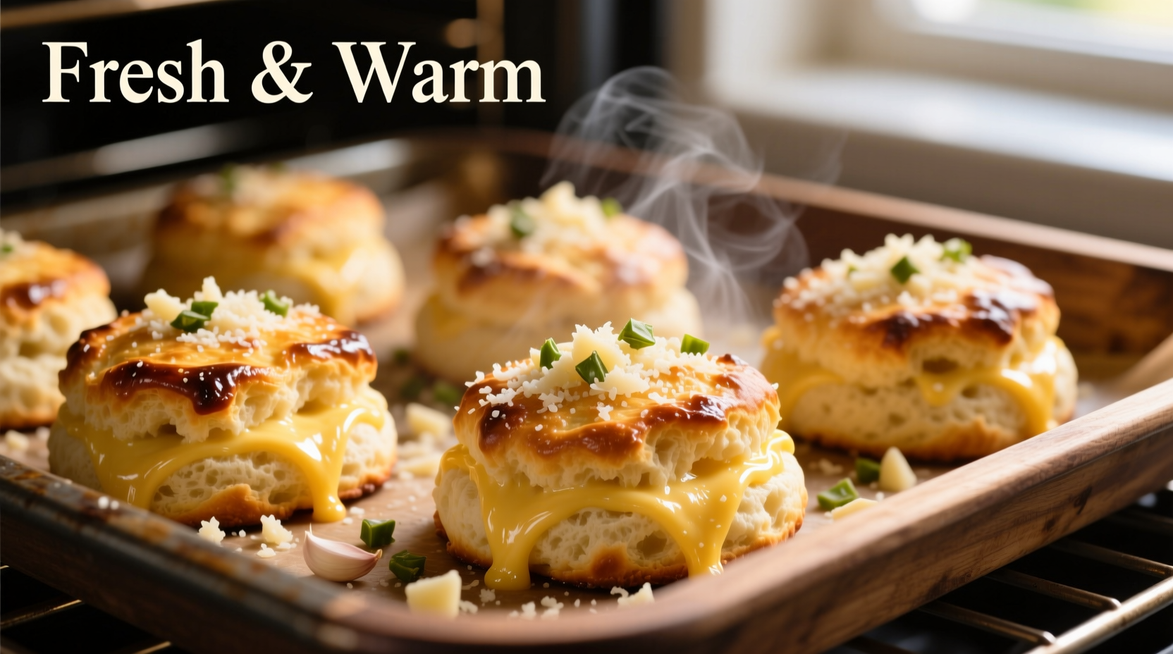 Golden garlic cheese biscuits fresh from oven