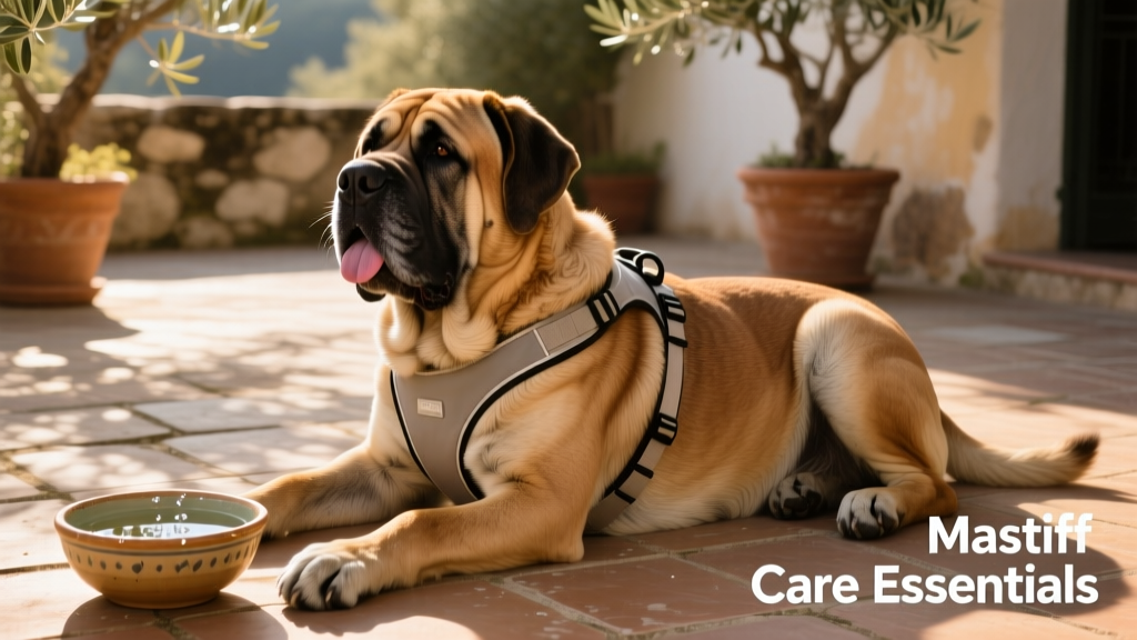 A mastiff wearing a lightweight harness on a shaded patio, enjoying a cool breeze and a bowl of water
