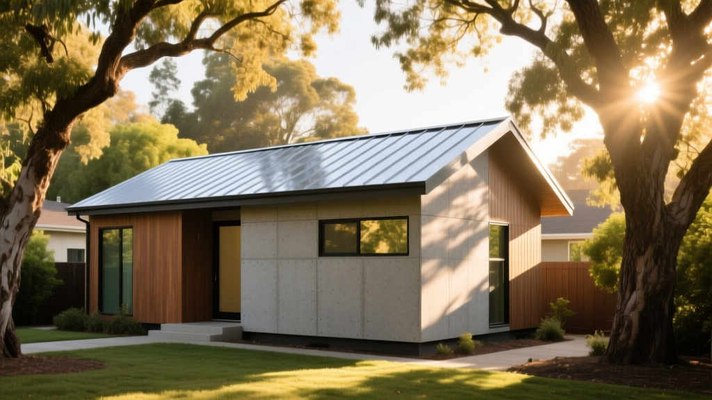Modern detached accessory dwelling unit with metal roof and fiber cement siding in a Sunnyvale backyard with mature trees.