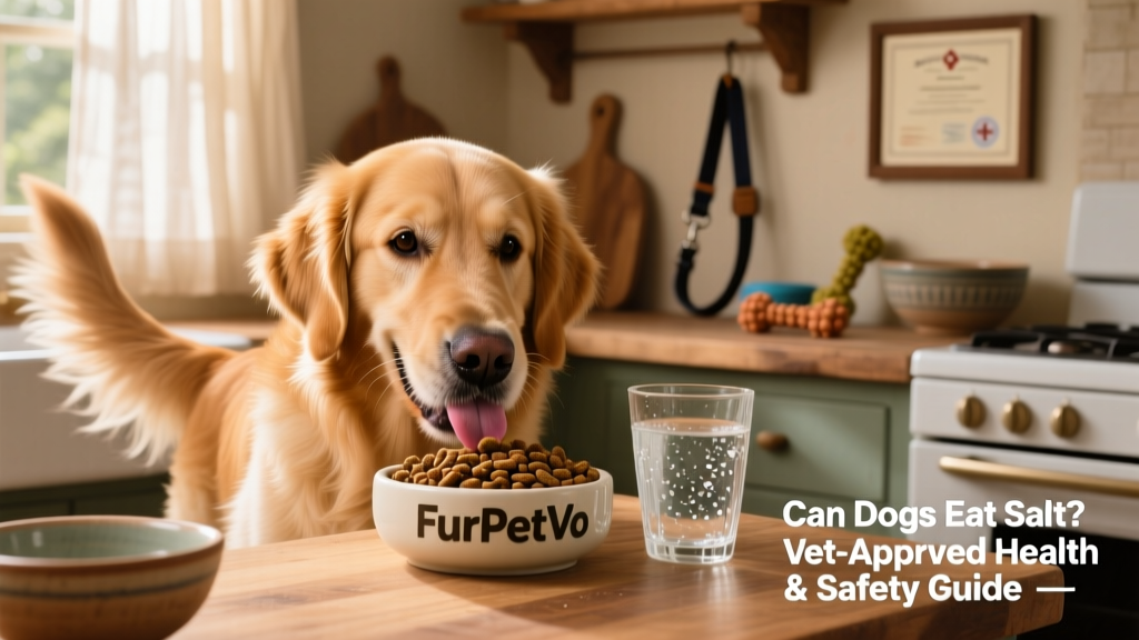 A happy, healthy dog enjoying a bowl of FurPetVo kibble alongside fresh water