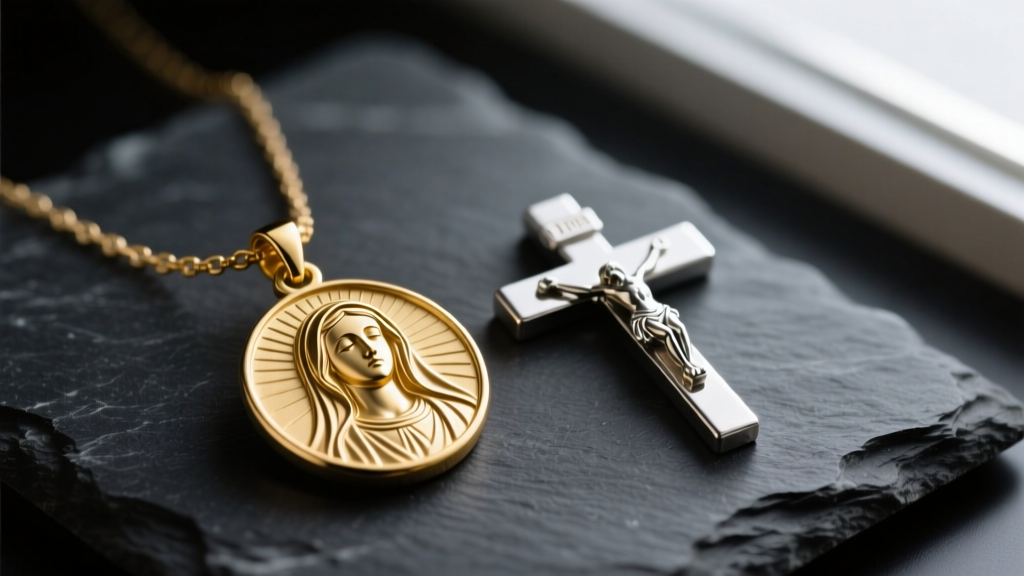 14k gold Miraculous Medal necklace and minimalist crucifix on dark slate, soft lighting highlighting engraved Virgin Mary details.