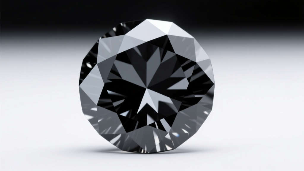 Macro photo of a faceted black spinel gemstone showing deep gray reflections and sharp geometric edges under soft studio lighting.