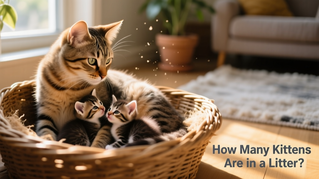 A gentle close-up of a mother cat nursing her kittens in a cozy, sunlit nesting box