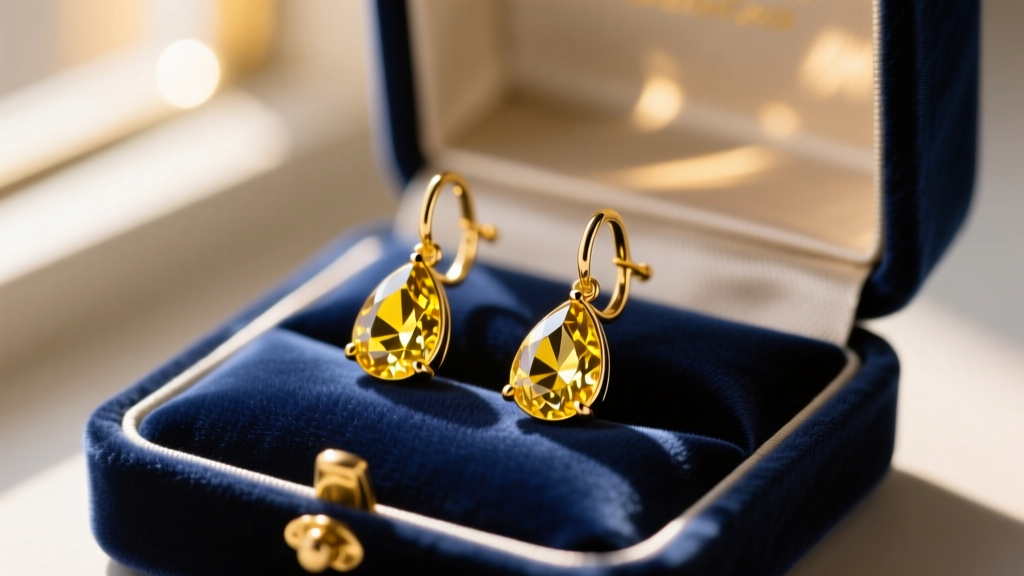 Open velvet box revealing 18k yellow gold drop earrings with pear-cut yellow sapphires, resting on silk in warm sunlight.