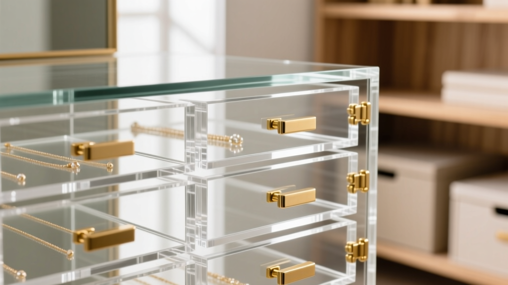 Close-up of thick cast acrylic drawer dividers inside a clear jewelry cabinet, highlighting polished edges and brass hardware.