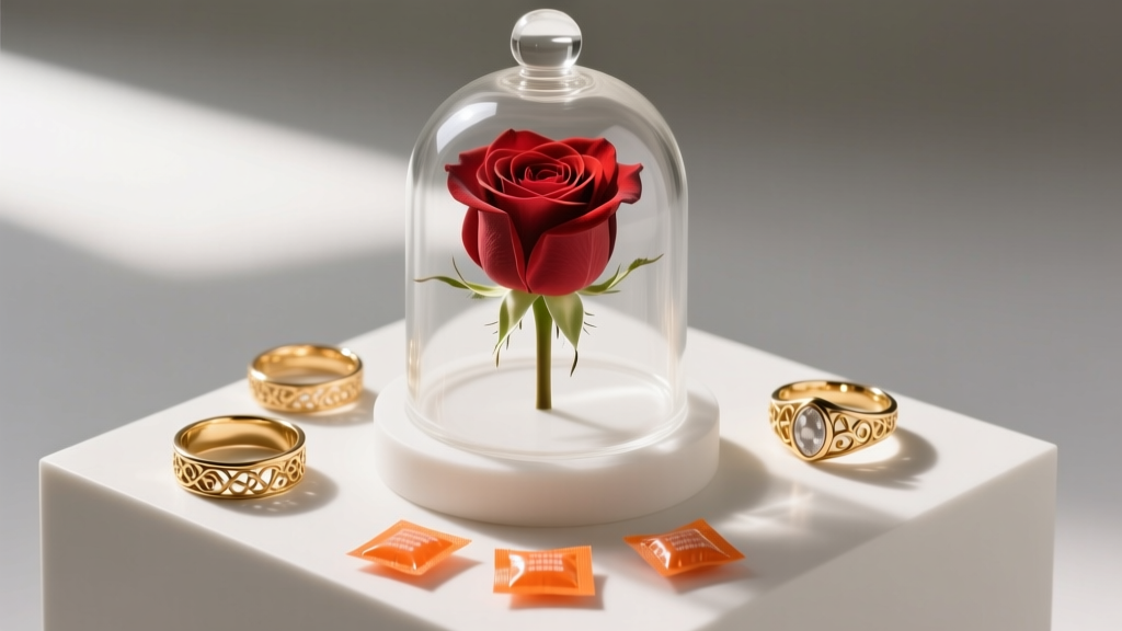 Glass dome jewelry display with a preserved red rose and gold rings, with small orange silica gel packets hidden at the base.
