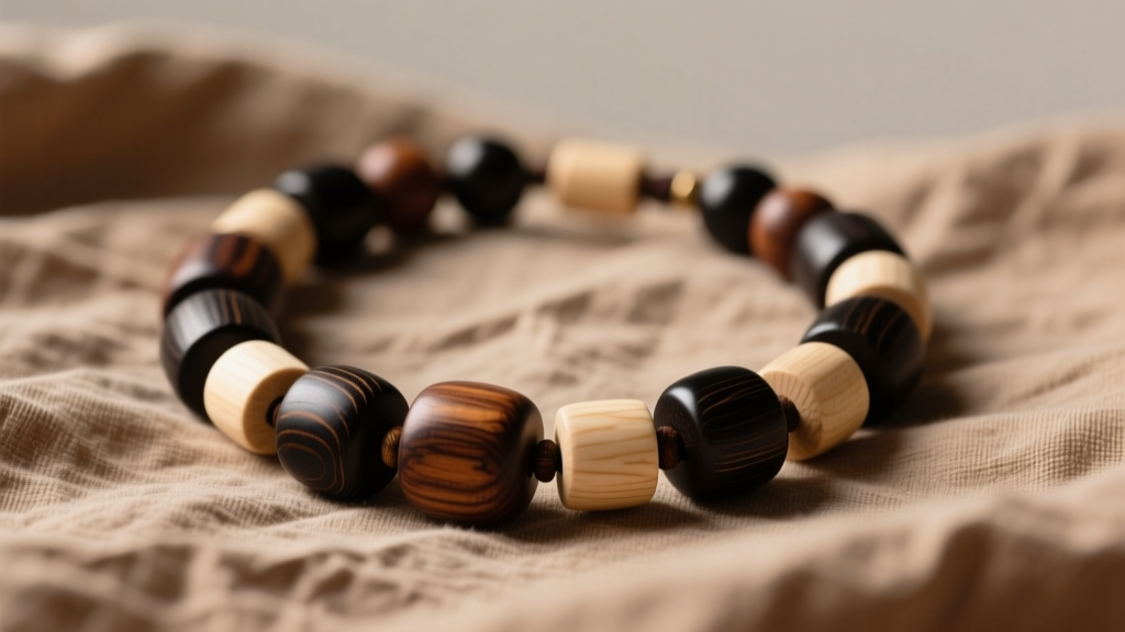 Macro photography of a mixed-media wood bead necklace featuring dark ebony and pale maple beads resting on textured linen fabric.