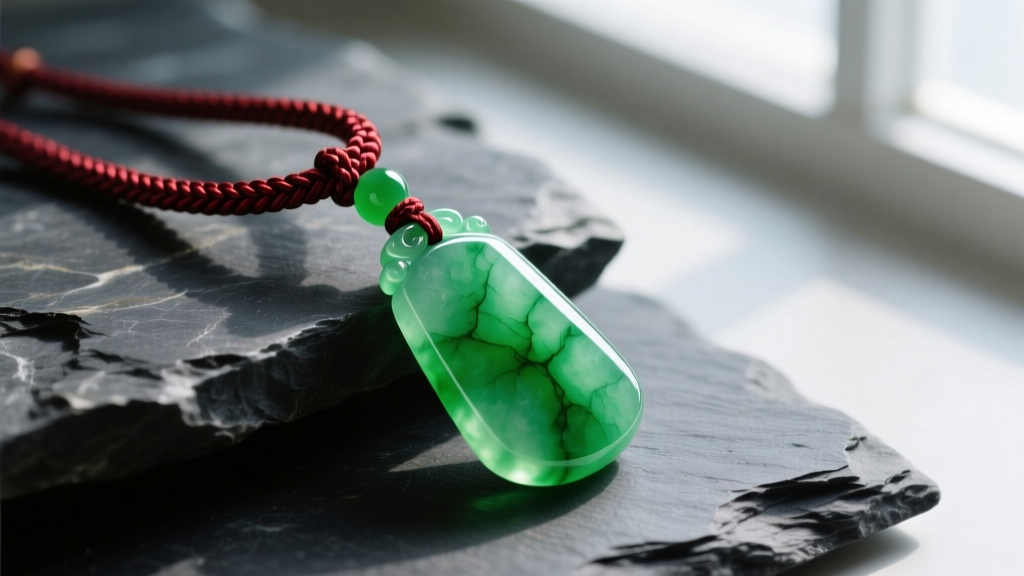 Vibrant green Type-A jadeite pendant hanging on a hand-braided dark red silk cord, resting on a textured dark slate surface.