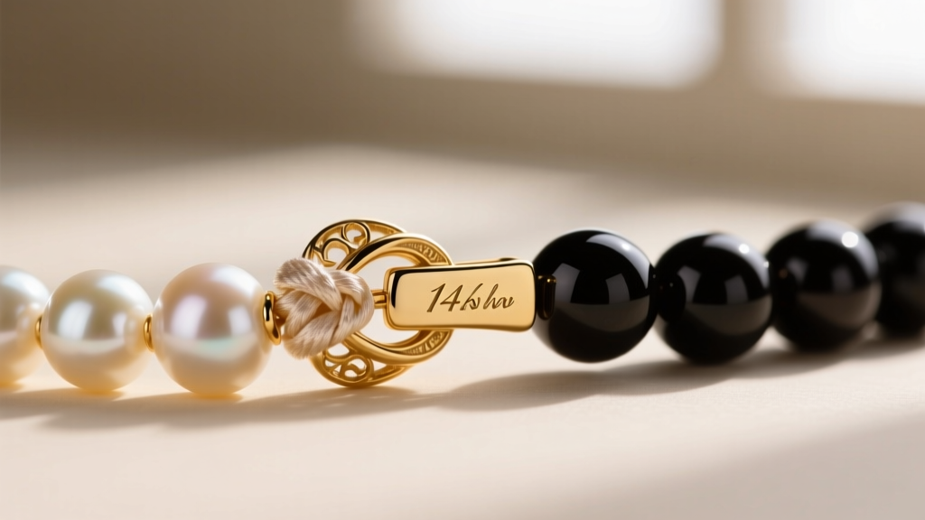 Macro shot of a 14k gold clasp connecting a silk-knotted pearl and onyx strand, showing precise metalwork and purity hallmarks