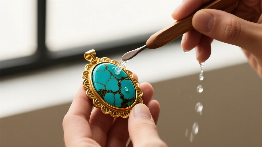 Jeweler using a soft wooden tool and mild soapy water to gently clean a porous turquoise pendant set in an oxidized gold bezel