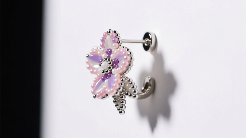 Side profile of a floral beaded earring on a titanium ear wire, illuminated by soft studio lighting against a clean white backdrop